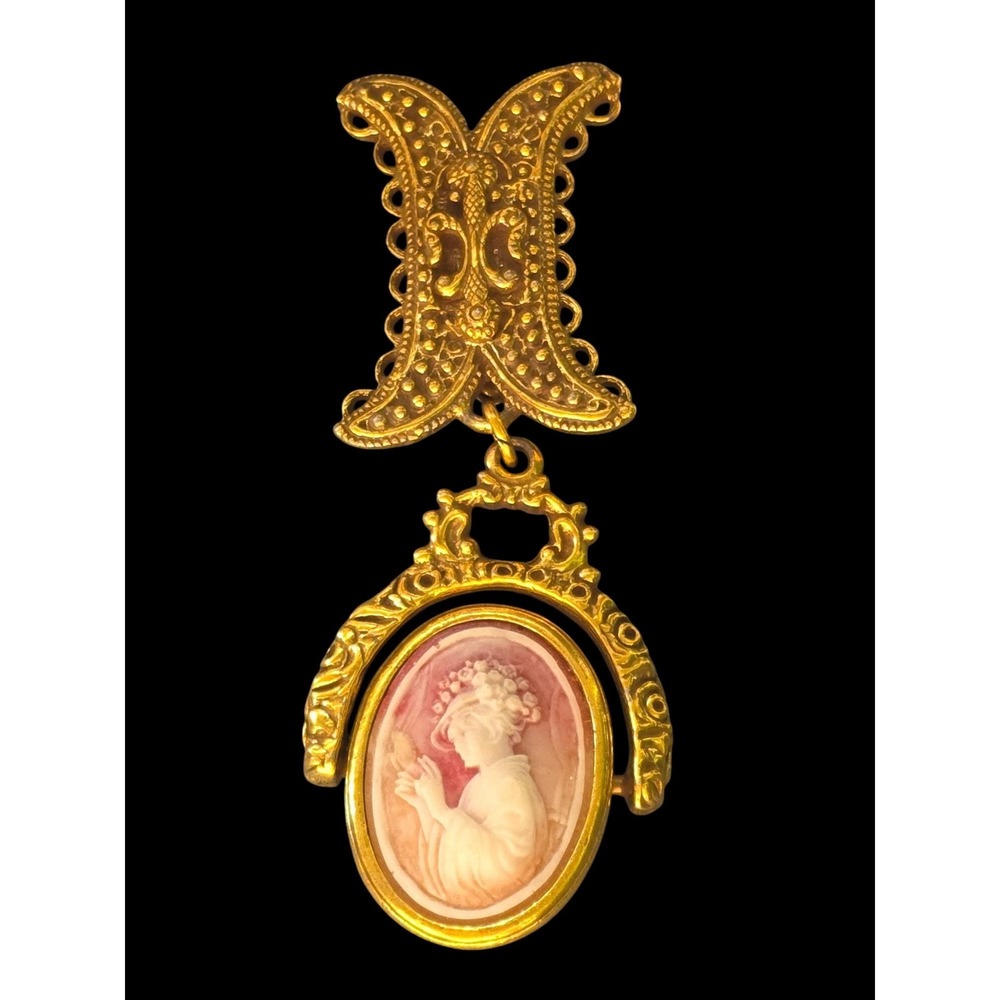 Goldette Spinner Reversible Cameo Brooch Victorian Revival Gold Tone Unsigned